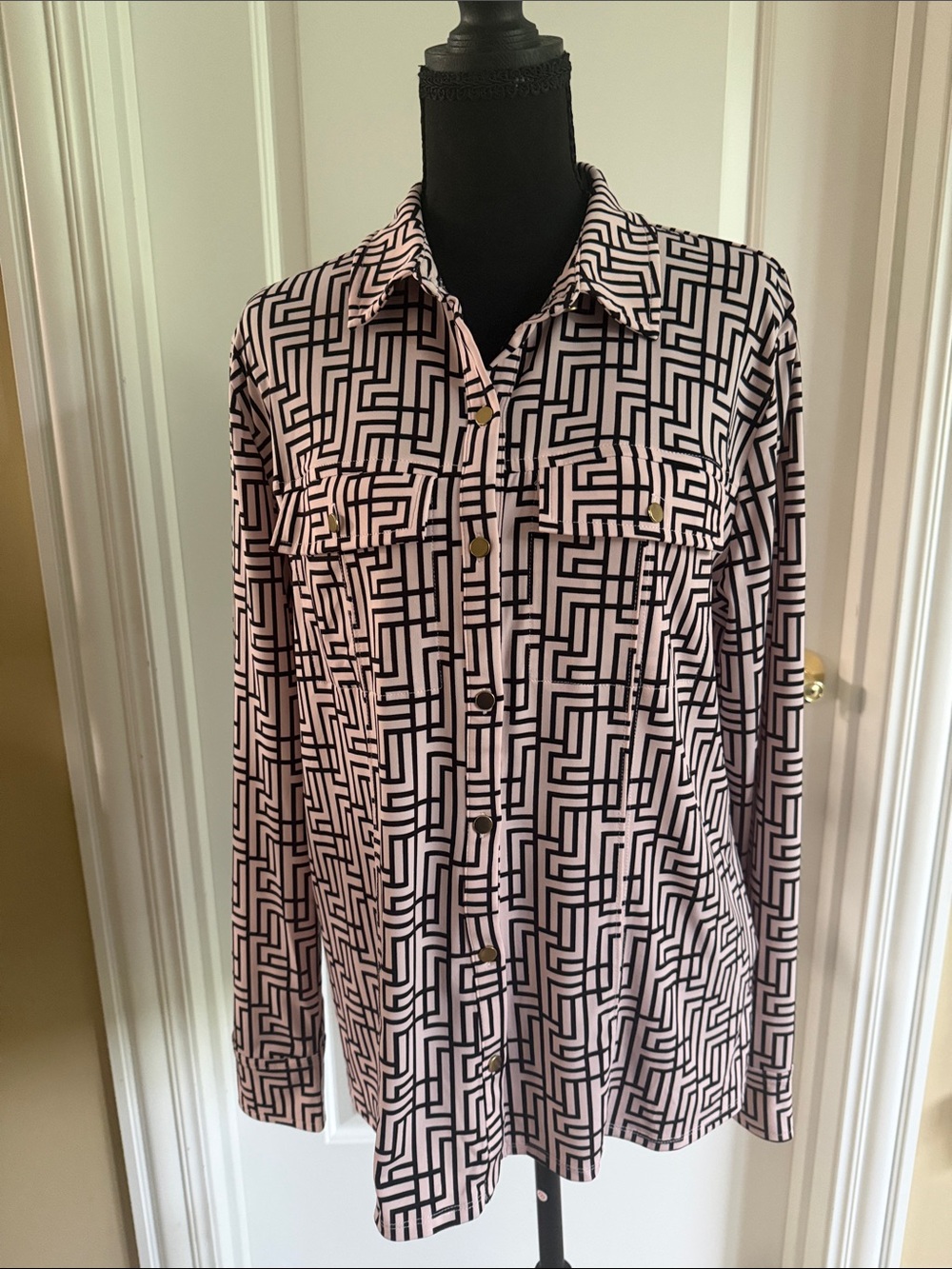 INC Geo-Print Long Sleeve Shirt - Pink/Black